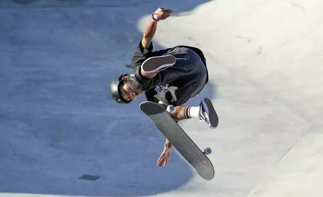 Taiyo Amano of Japan in action during the men quarterfinals at the Park Skateboarding Worlds, in Rome, Friday, Sept. 20, 2024. (AP Photo/Andrew Medichini)