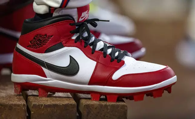 Atlanta Braves outfielder Jorge Soler (2) wears custom Nike Air Jordan cleats in the dugout during the seventh inning of a baseball game against the Colorado Rockies, Thursday, Sept. 5, 2024, in Atlanta. (AP Photo/Jason Allen)