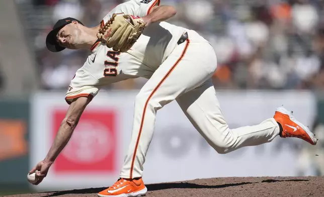 San Francisco Giants pitcher Tyler Rogers works against the Arizona Diamondbacks during the seventh inning of a baseball game in San Francisco, Thursday, Sept. 5, 2024. (AP Photo/Jeff Chiu)