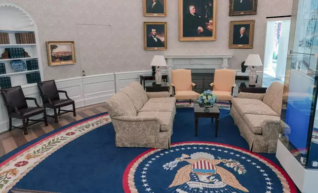 A replica of the Oval Office as is today, shown at The People's House exhibit, Monday, Sept. 16, 2024 in Washington. (AP Photo/Jose Luis Magana)