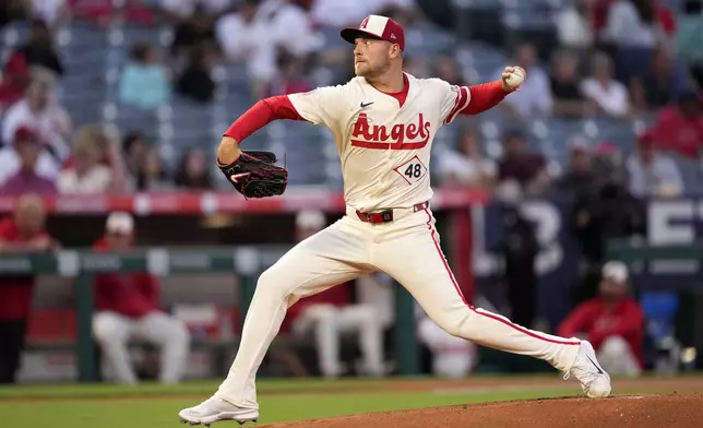 Los Angeles Angels starting pitcher Reid Detmers throws to the plate during the first inning of a baseball game against the Chicago White Sox, Monday, Sept. 16, 2024, in Anaheim, Calif. (AP Photo/Mark J. Terrill)