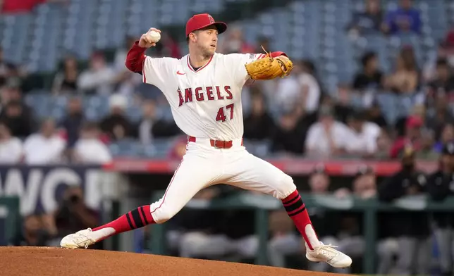 Los Angeles Angels starting pitcher Griffin Canning throws to the plate during the first inning of a baseball game against the Chicago White Sox, Tuesday, Sept. 17, 2024, in Anaheim, Calif. (AP Photo/Mark J. Terrill)