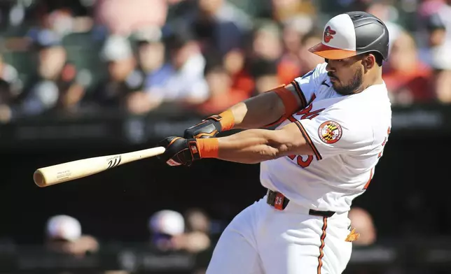 Baltimore Orioles' Anthony Santander hits an RBI single during the third inning of a baseball game against the Chicago White Sox, Monday, Sept. 2, 2024, in Baltimore. (AP Photo/Daniel Kucin Jr.)