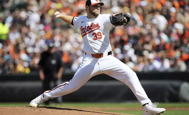 Baltimore Orioles pitcher Corbin Burnes delivers during the first inning of a baseball game against the Chicago White Sox, Monday, Sept. 2, 2024, in Baltimore. (AP Photo/Daniel Kucin Jr.)