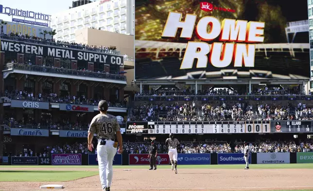 San Diego Padres' Fernando Tatis Jr., center, runs the bases after hitting a solo home run against the Chicago White Sox in the eighth inning of a baseball game Sunday, Sept. 22, 2024, in San Diego. (AP Photo/Derrick Tuskan)