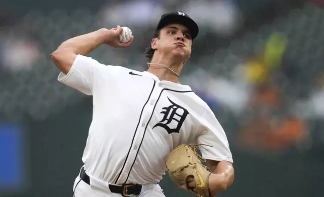 Detroit Tigers pitcher Jackson Jobe throws against the Chicago White Sox in the third inning of a baseball game, Saturday, Sept. 28, 2024, in Detroit. (AP Photo/Paul Sancya)