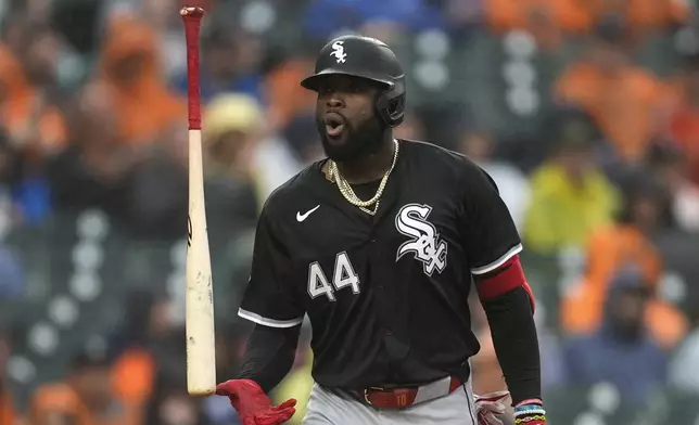 Chicago White Sox's Bryan Ramos reacts to striking out against the Detroit Tigers in the sixth inning of a baseball game, Saturday, Sept. 28, 2024, in Detroit. (AP Photo/Paul Sancya)