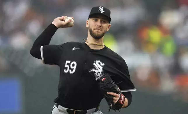 Chicago White Sox pitcher Sean Burke throws against the Detroit Tigers in the first inning of a baseball game, Saturday, Sept. 28, 2024, in Detroit. (AP Photo/Paul Sancya)