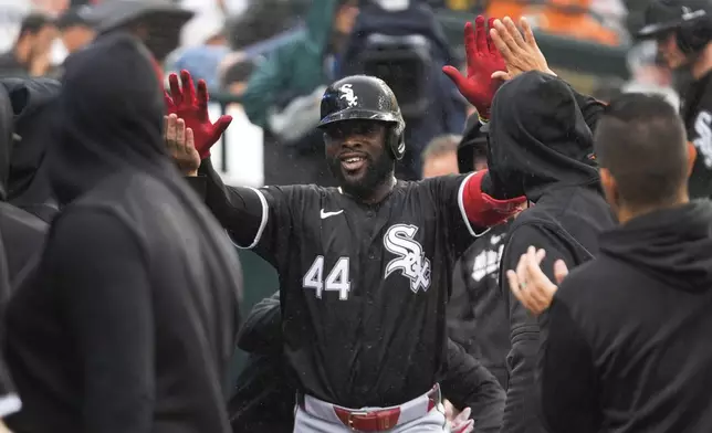 Chicago White Sox's Bryan Ramos (44) celebrates his home run against the Detroit Tigers in the second inning of a baseball game, Saturday, Sept. 28, 2024, in Detroit. (AP Photo/Paul Sancya)