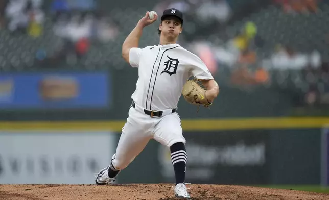 Detroit Tigers pitcher Jackson Jobe throws against the Chicago White Sox in the third inning of a baseball game, Saturday, Sept. 28, 2024, in Detroit. (AP Photo/Paul Sancya)