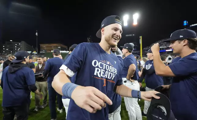 Detroit Tigers outfielder Parker Meadows celebrates after the ninth inning of a baseball game against the Chicago White Sox, Friday, Sept. 27, 2024, in Detroit. (AP Photo/Carlos Osorio)