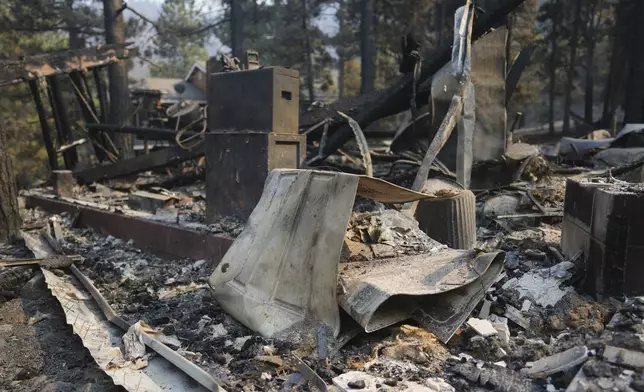 A fire-ravaged property is seen after the Bridge Fire swept through, Thursday, Sept. 12, 2024, in Wrightwood, Calif. (AP Photo/Eric Thayer)