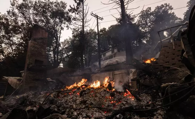 A fire-ravaged property is left behind by the Airport Fire Tuesday, Sept. 10, 2024, in El Cariso, an unincorporated community in Riverside County, Calif. (AP Photo/Etienne Laurent)