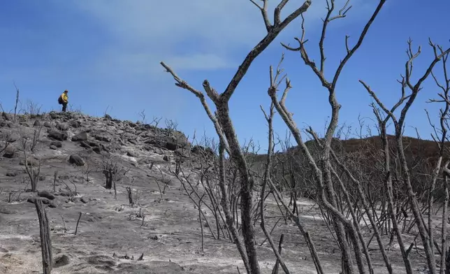 A firefighter stands over burned landscape Wednesday, Sept. 11, 2024, near El Cariso Village, in unincorporated Riverside, County, Calif. (AP Photo/Gregory Bull)