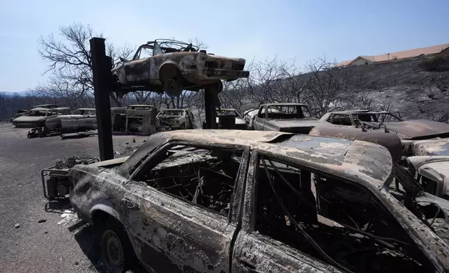 Charred vehicles are left behind after the Airport Fire swept through Thursday, Sept. 12, 2024, in El Cariso Village, in unincorporated Riverside County, Calif. (AP Photo/Gregory Bull)