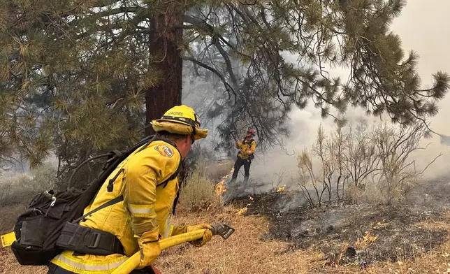 Fire crews battle the Bridge Fire Wednesday, Sept. 11, 2024, in Wrightwood, Calif. (AP Photo/Eugene Garcia)