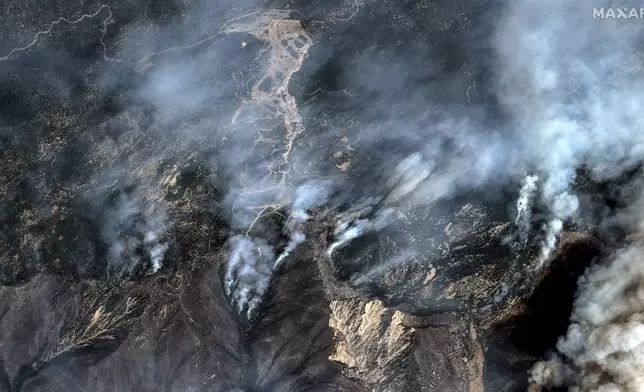 This image released by Maxar Technologies shows fires near Snow Valley Mountain Resort in Running Springs, Calif., on Wednesday, Sept. 11, 2024. (Satellite image ©2024 Maxar Technologies via AP)