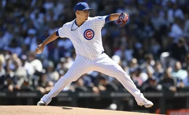 Chicago Cubs starter Javier Assad delivers a pitch during the first inning of a baseball game against the New York Yankees in Chicago, Saturday, Sept. 7, 2024. (AP Photo/Paul Beaty)