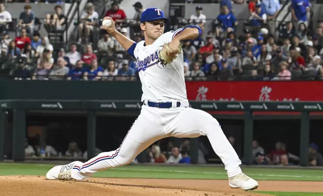 Texas Rangers starting pitcher Jack Leiter throws to the New York Yankees in the first inning of a baseball game, Monday, Sept. 2, 2024, in Arlington, Texas. (AP Photo/Albert Pena)