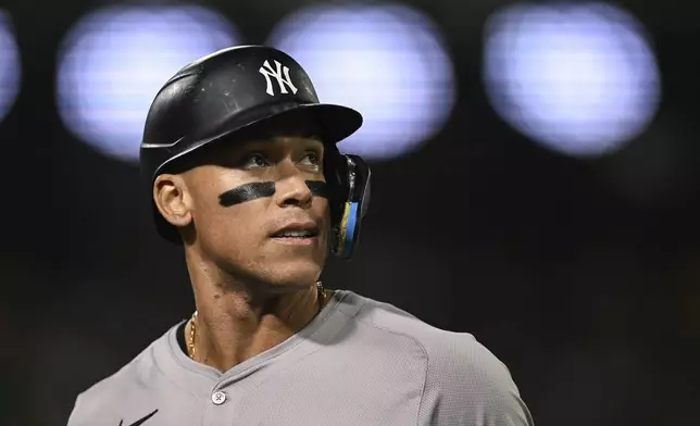 FILE - New York Yankees' Aaron Judge stands on the field during the ninth inning of a baseball game Friday, Sept. 20, 2024, in Oakland, Calif. (AP Photo/Eakin Howard, File)