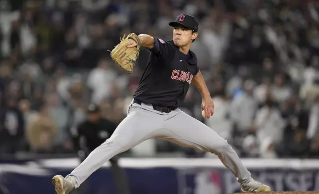 Cleveland Guardians relief pitcher Joey Cantillo throws against the New York Yankees during the third inning in Game 1 of the baseball AL Championship Series Monday, Oct. 14, 2024, in New York. (AP Photo/Godofredo Vásquez)