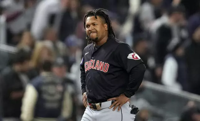 Cleveland Guardians' José Ramírez reacts after grounding out against the New York Yankees during the eighth inning in Game 1 of the baseball AL Championship Series Monday, Oct. 14, 2024, in New York. (AP Photo/Godofredo Vásquez)