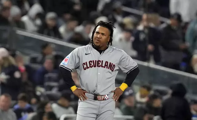 Cleveland Guardians' José Ramírez reacts after hitting a fly out against the New York Yankees during the third inning in Game 2 of the baseball AL Championship Series Tuesday, Oct. 15, 2024, in New York. (AP Photo/Godofredo Vásquez)