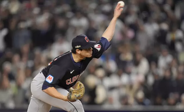 Cleveland Guardians relief pitcher Joey Cantillo throws against the New York Yankees during the third inning in Game 1 of the baseball AL Championship Series Monday, Oct. 14, 2024, in New York. (AP Photo/Frank Franklin II)