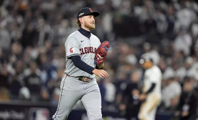 Cleveland Guardians starting pitcher Tanner Bibee leaves the game during the second inning in Game 2 of the baseball AL Championship Series against the New York Yankees Tuesday, Oct. 15, 2024, in New York. (AP Photo/Frank Franklin II)