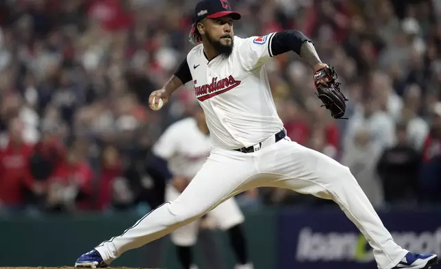 Cleveland Guardians pitcher Emmanuel Clase throws against the New York Yankees during the ninth inning in Game 4 of the baseball AL Championship Series Friday, Oct. 18, 2024, in Cleveland. (AP Photo/Sue Ogrocki)