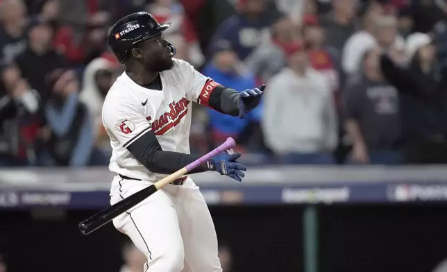 Cleveland Guardians' Jhonkensy Noel watches his two-run home run against the New York Yankees during the ninth inning in Game 3 of the baseball AL Championship Series Thursday, Oct. 17, 2024, in Cleveland. (AP Photo/Godofredo Vásquez )