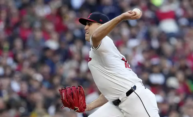 Cleveland Guardians starting pitcher Matthew Boyd throws against the New York Yankees during the second inning in Game 3 of the baseball AL Championship Series Thursday, Oct. 17, 2024, in Cleveland.(AP Photo/Godofredo Vásquez )