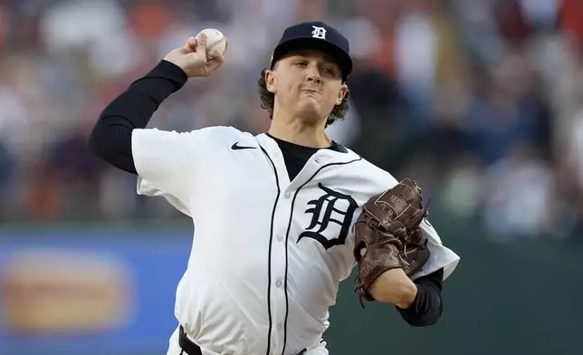 Detroit Tigers pitcher Reese Olson throws against the Cleveland Guardians in the first inning during Game 4 of a baseball American League Division Series, Thursday, Oct. 10, 2024, in Detroit. (AP Photo/Carlos Osorio)