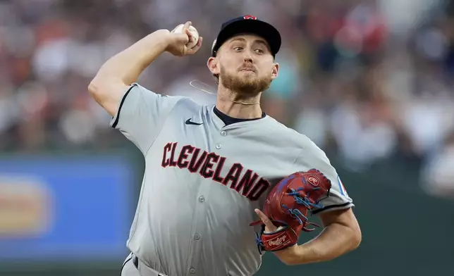 Cleveland Guardians pitcher Tanner Bibee throws against the Detroit Tigers in the first inning during Game 4 of a baseball American League Division Series, Thursday, Oct. 10, 2024, in Detroit. (AP Photo/Carlos Osorio)