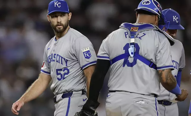 Kansas City Royals pitcher Michael Wacha (52) walks off the mound after being relieved during the fifth inning of Game 1 of the American League baseball division series against the New York Yankees, Saturday, Oct. 5, 2024, in New York. (AP Photo/Adam Hunger)