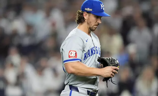 Kansas City Royals pitcher Michael Lorenzen (24) walks off the field during the seventh inning of Game 1 of the American League baseball division series against the New York Yankees, Saturday, Oct. 5, 2024, in New York. (AP Photo/Frank Franklin II)