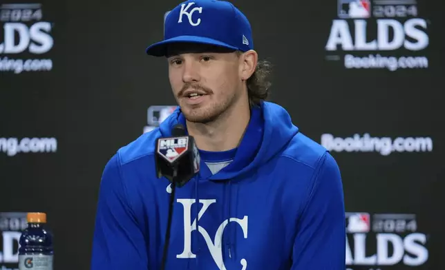 Kansas City Royals' Bobby Witt Jr. speaks during a news conference Friday, Oct. 4, 2024, in New York, ahead of the American League Division Series against the New York Yankees,. (AP Photo/Frank Franklin II)