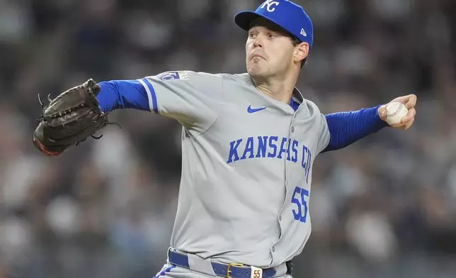 Kansas City Royals pitcher Cole Ragans delivers against the New York Yankees during the first inning of Game 2 of the American League baseball playoff series, Monday, Oct. 7, 2024, in New York. (AP Photo/Frank Franklin II)
