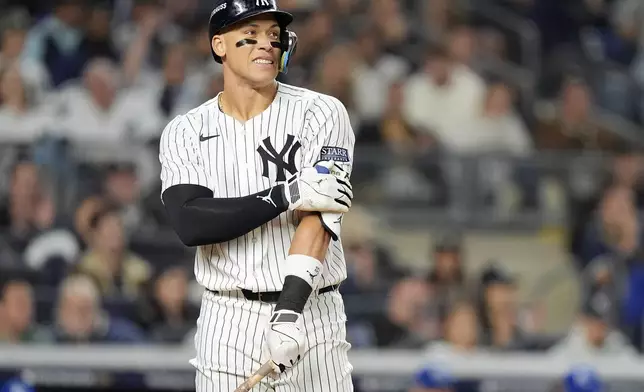 New York Yankees outfielder Aaron Judge takes a walk against the Kansas City Royals during the fifth inning of Game 2 of the American League baseball playoff series, Monday, Oct. 7, 2024, in New York. (AP Photo/Frank Franklin II)