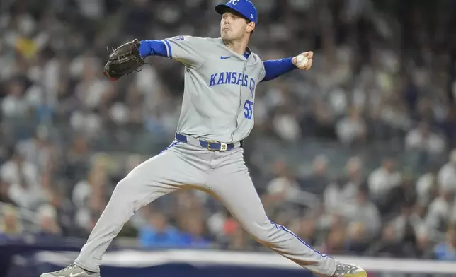 Kansas City Royals pitcher Cole Ragans delivers against the New York Yankees during the first inning of Game 2 of the American League baseball playoff series, Monday, Oct. 7, 2024, in New York. (AP Photo/Frank Franklin II)