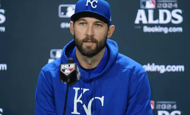 Kansas City Royals pitcher Michael Wacha speaks during a news conference Friday, Oct. 4, 2024, in New York, ahead of the American League Division Series against the New York Yankees,. (AP Photo/Frank Franklin II)