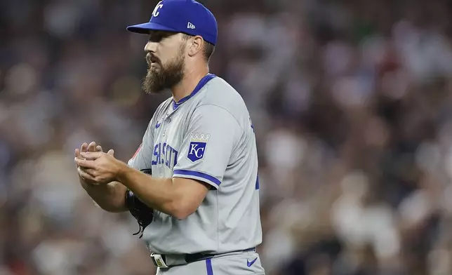 Kansas City Royals pitcher John Schreiber reacts after walking in a run with the bases loaded against the New York Yankees during the fifth inning of Game 1 of the American League baseball division series, Saturday, Oct. 5, 2024, in New York. (AP Photo/Adam Hunger)