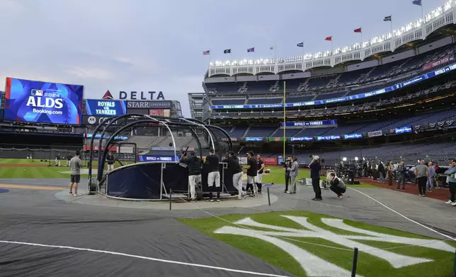 The New York Yankees take batting practice during a baseball workout, Friday, Oct 4, 2024, in New York, in preparation for the American League Division Series against the Kansas City Royals. (AP Photo/Frank Franklin II)