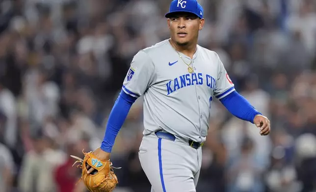 Kansas City Royals pitcher Angel Zerpa walks off the field after walking home a run against the New York Yankees during the fifth inning of Game 1 of the American League baseball division series, Saturday, Oct. 5, 2024, in New York. (AP Photo/Frank Franklin II)