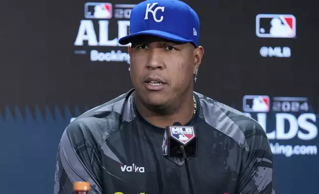 Kansas City Royals' Salvador Perez speaks during a news conference before a Game 2 baseball game against the New York Yankees in the American League Division Series, Monday, Oct 7, 2024, in New York. (AP Photo/Frank Franklin II)