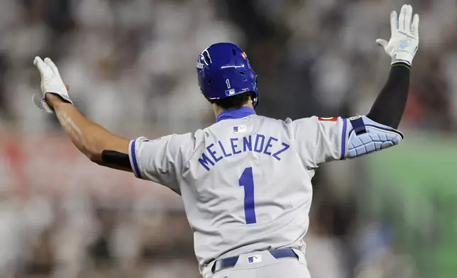 Kansas City Royals' MJ Melendez (1) reacts as he rounds the bases after hitting a solo home run against the New York Yankees during the fourth inning of Game 1 of the American League baseball division series, Saturday, Oct. 5, 2024, in New York. (AP Photo/Adam Hunger)