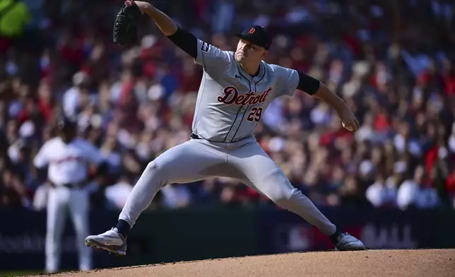 Detroit Tigers' Tarik Skubal pitches in the first inning during Game 5 of baseball's American League Division Series against the Cleveland Guardians, Saturday, Oct. 12, 2024, in Cleveland. (AP Photo/David Dermer)