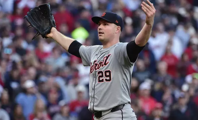 Detroit Tigers starting pitcher Tarik Skubal gestures after a double play ends the sixth inning during Game 2 of baseball's AL Division Series against the Cleveland Guardians, Monday, Oct. 7, 2024, in Cleveland. (AP Photo/Phil Long)