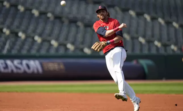 Cleveland Guardians' Daniel Schneemann throws to first base during a baseball workout in Cleveland, Friday, Oct. 4, 2024, in preparation for the American League Division Series against the Detroit Tigers. (AP Photo/Sue Ogrocki)