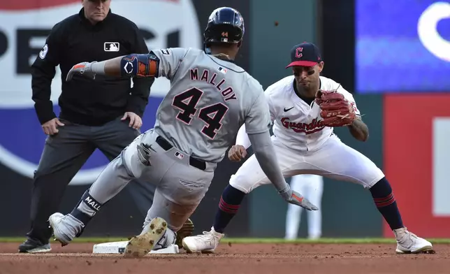 Cleveland Guardians shortstop Brayan Rocchio, right, prepares to tag out Detroit Tigers' Justyn-Henry Malloy (44) as Malloy attempts to stretch a single into a double in the fifth inning during Game 2 of baseball's AL Division Series, Monday, Oct. 7, 2024, in Cleveland. (AP Photo/Phil Long)